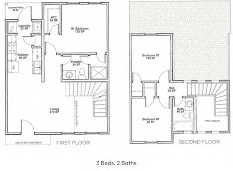two plans of a floor plan with bedrooms and baths